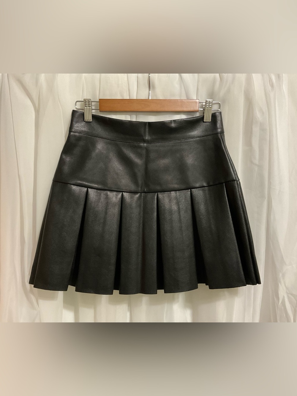 Black Pleated Faux Leather Skater Skirt